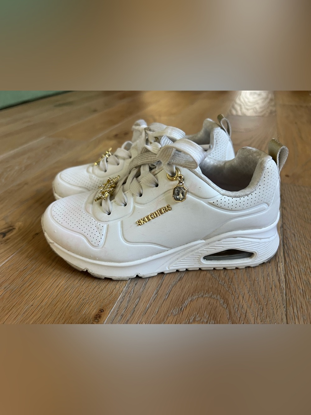 Skechers White Platform Lace-Up Sneakers with Gold Accents